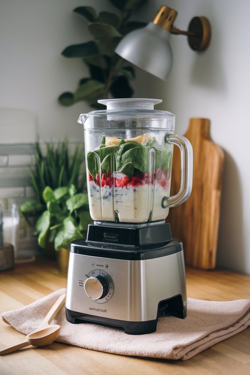 An indoor blender jar filled with spinach leaves, frozen berries, banana, and almond milk, placed on a kitchen counter. No text or logos on blender.