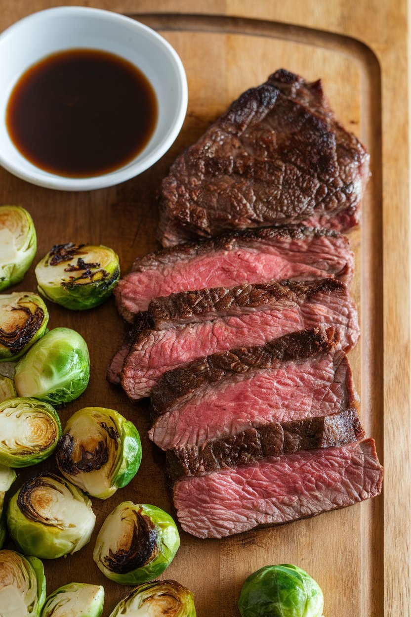 Indoor photo of sliced seared steak and roasted Brussels sprouts drizzled with balsamic reduction on a serving board. No text or logos.