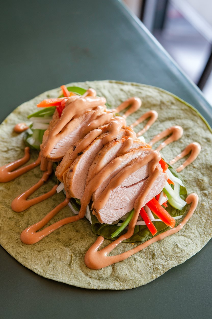 Indoor tabletop showing a wrap brimming with sliced chicken, julienned veggies, and peanut sauce drizzle on a spinach tortilla. No logos present.