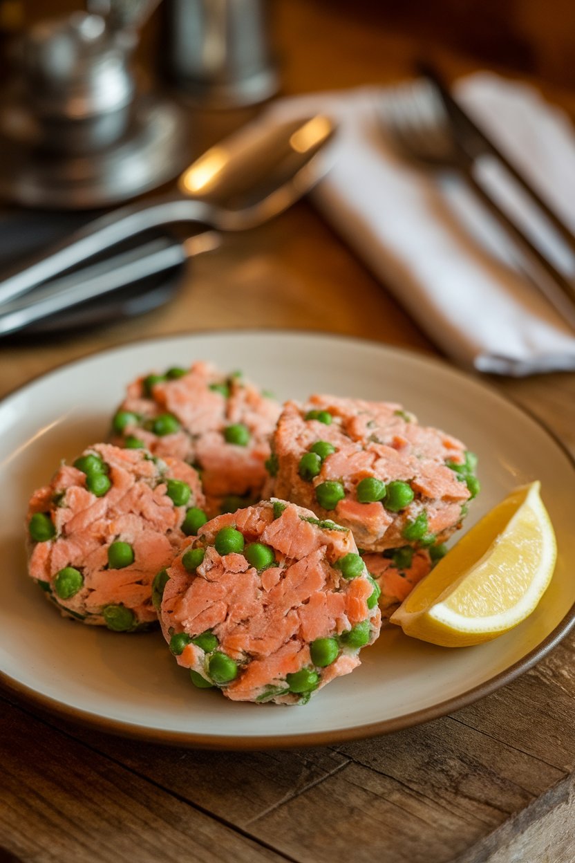 A cozy indoor plate featuring small round patties made from flaked cooked salmon and green peas, with a lemon wedge on the side; no text or logos.