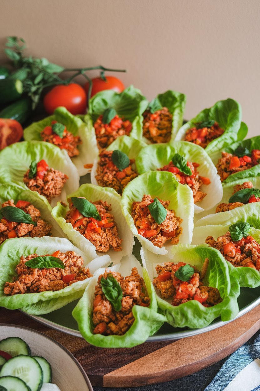 Photo of an indoor platter with butter lettuce leaves filled with ground chicken, basil, and diced peppers, no text or logos