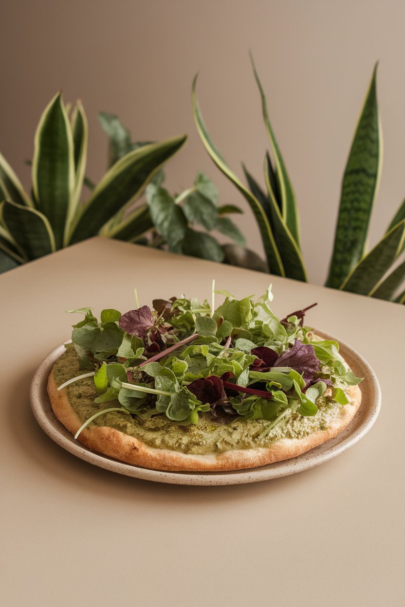 Indoor photo of sprouted grain crust pizza topped with mixed garden greens and light pesto on a ceramic platter, no text or logos
