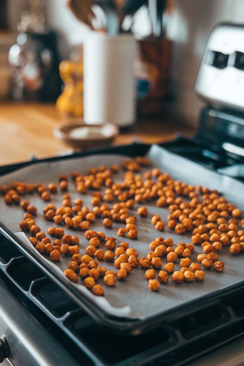 An indoor baking sheet on a stove top showing golden roasted chickpeas seasoned with smoked paprika, cooling before storage. No text or logos.