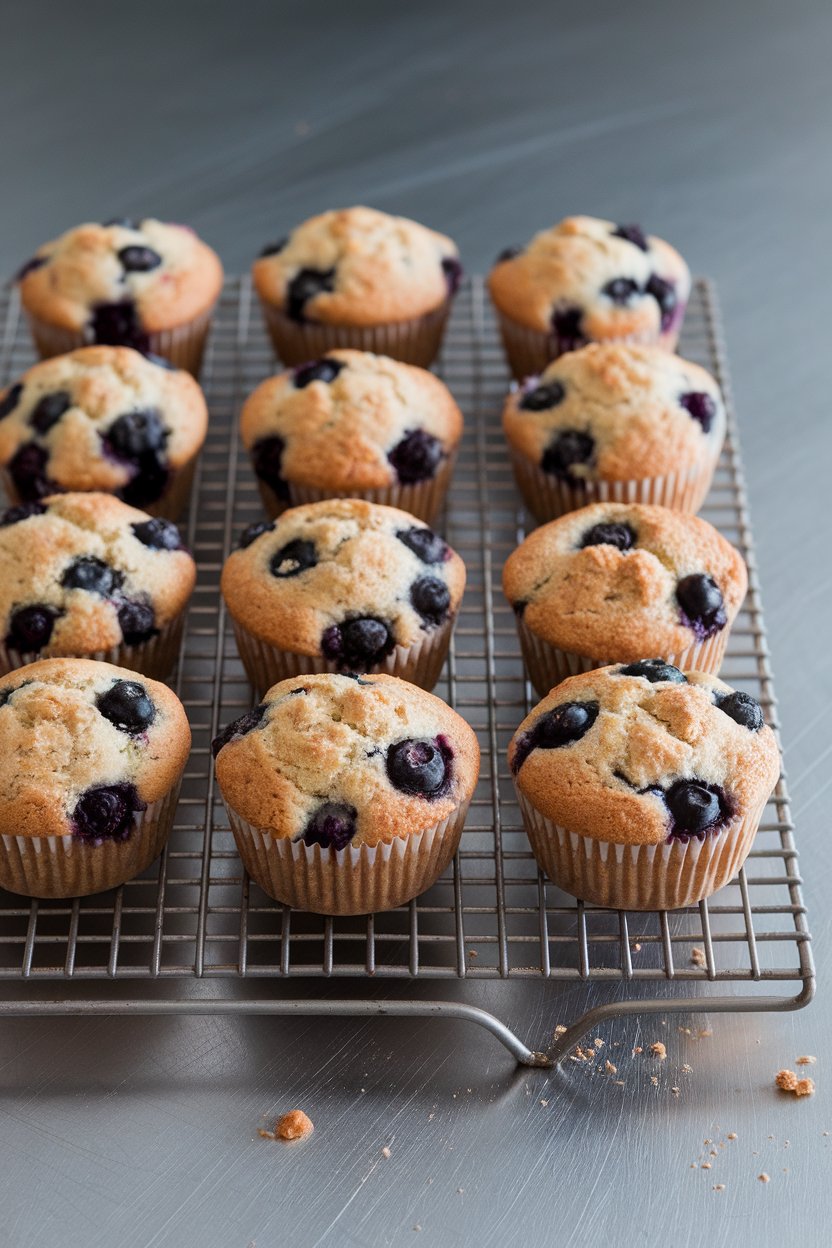 Indoor photo of a cooling rack with freshly baked whole-wheat blueberry muffins, crumbs on the counter, no text or logos