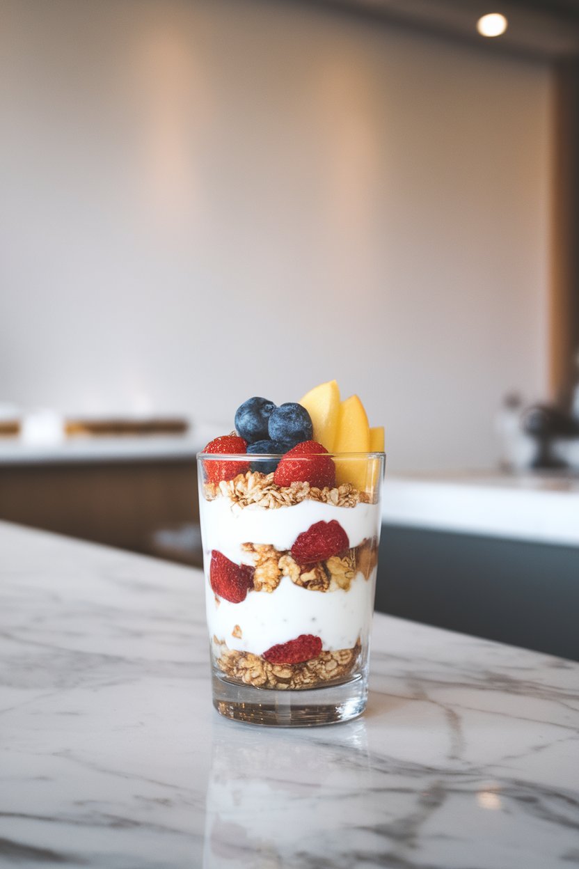 Indoor café-style glass filled in layers with yogurt, granola, and fresh fruit, placed on a marble counter. No logos or text. Photo.