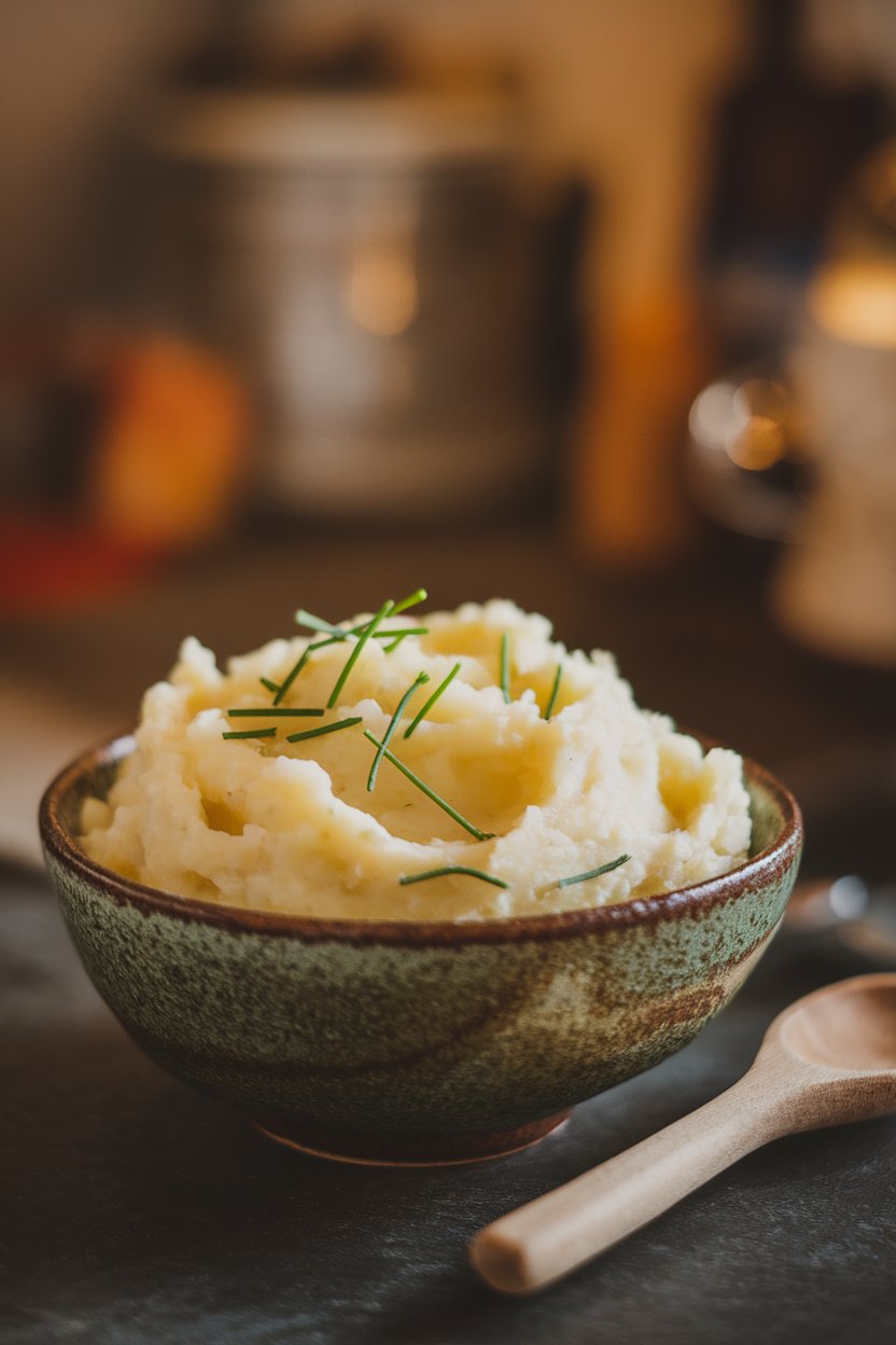 Indoor photo of a rustic bowl of creamy white mash sprinkled with chives, spoon resting on the side, warm lighting. No text or logos.