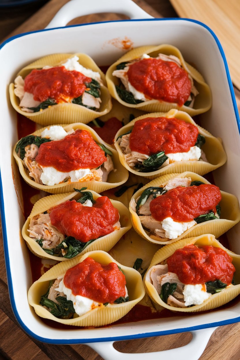 Indoor casserole dish with jumbo pasta shells stuffed with turkey, spinach, and ricotta, marinara ladled on top. No logos or text.