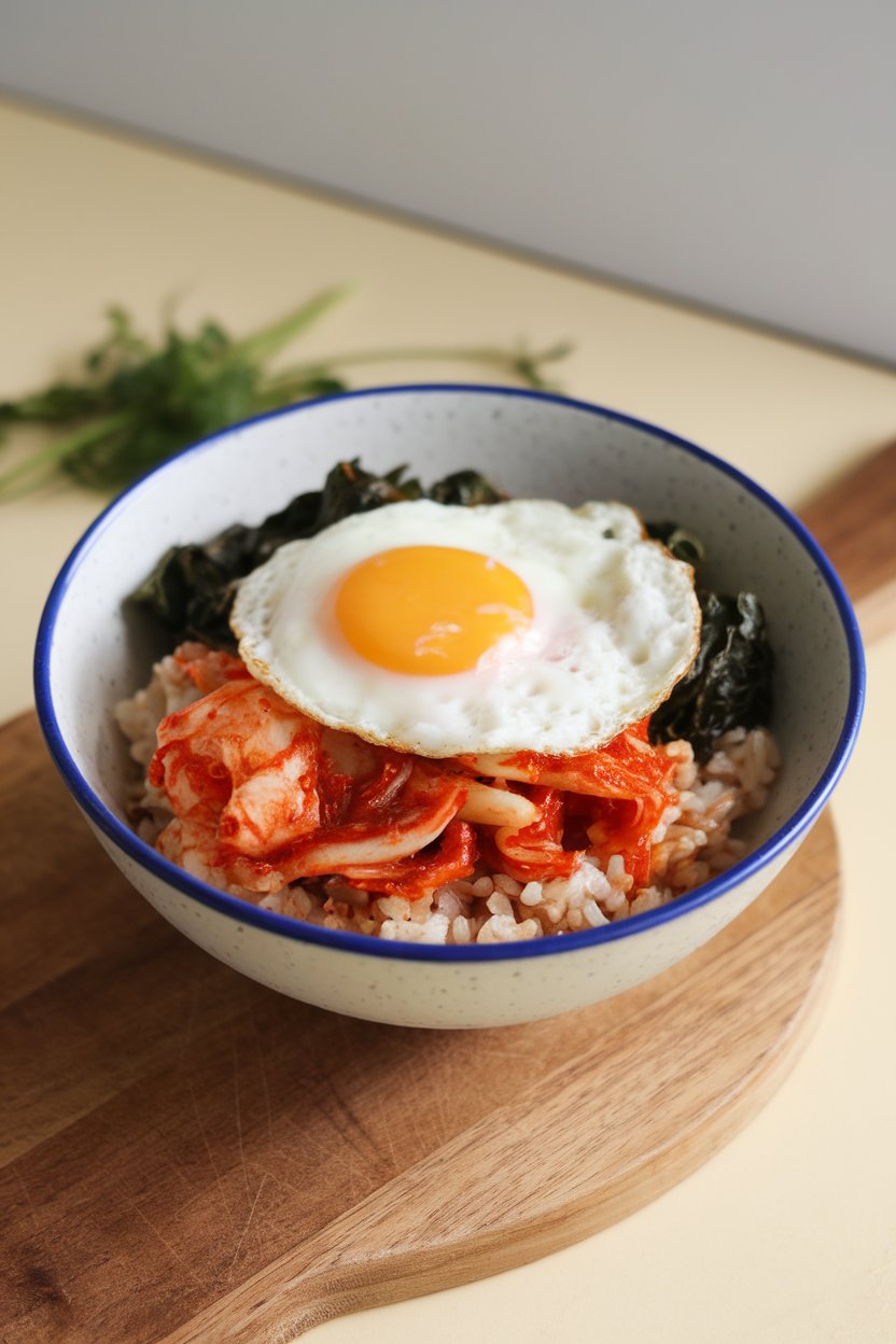 An indoor bowl of brown rice topped with kimchi, sautéed spinach, and a cooked sunny-side fried egg. No text or logos visible. Photo only.