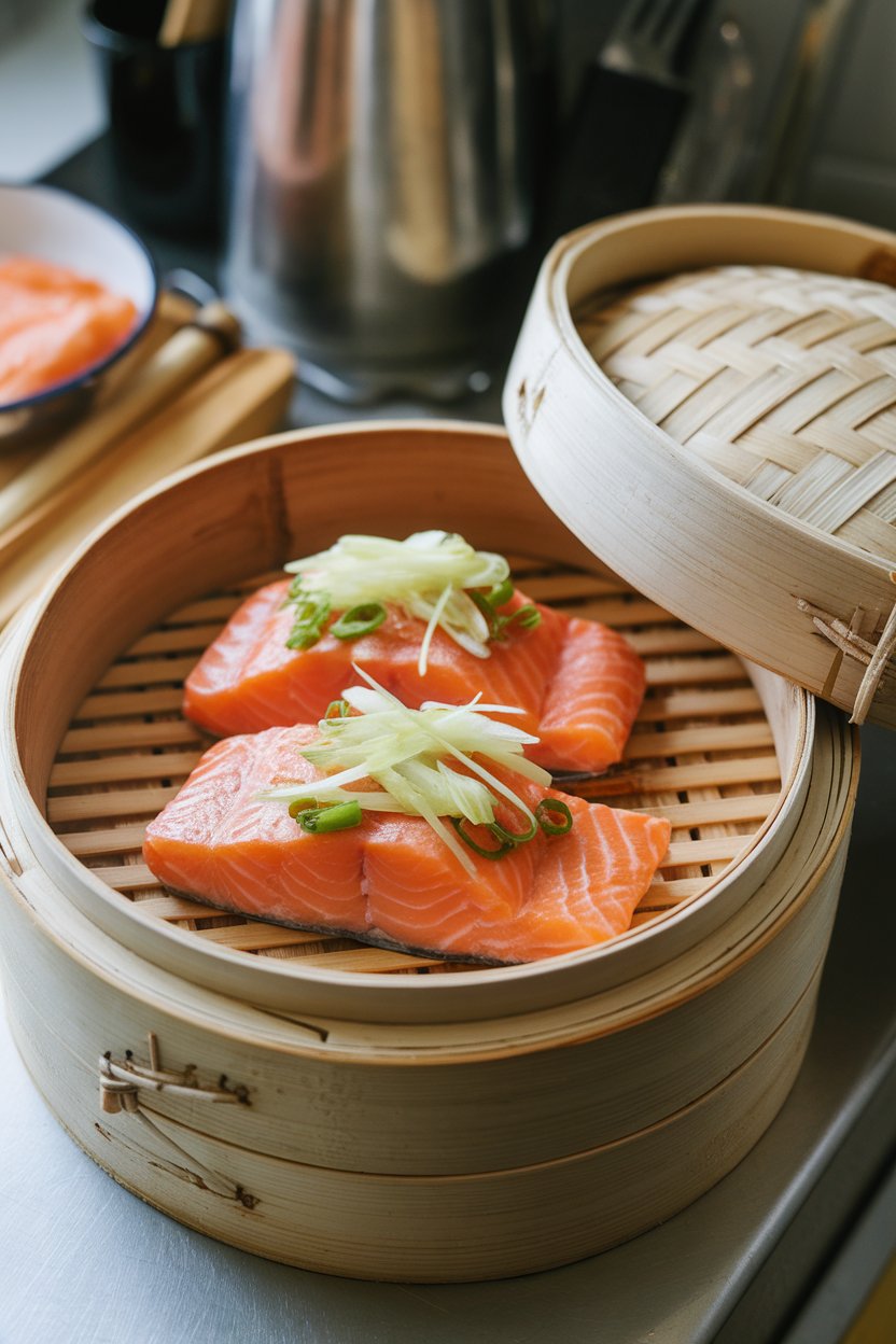 An indoor countertop bamboo steamer opened to reveal salmon fillets topped with julienned ginger and scallions, cooked through. No logos or text anywhere.