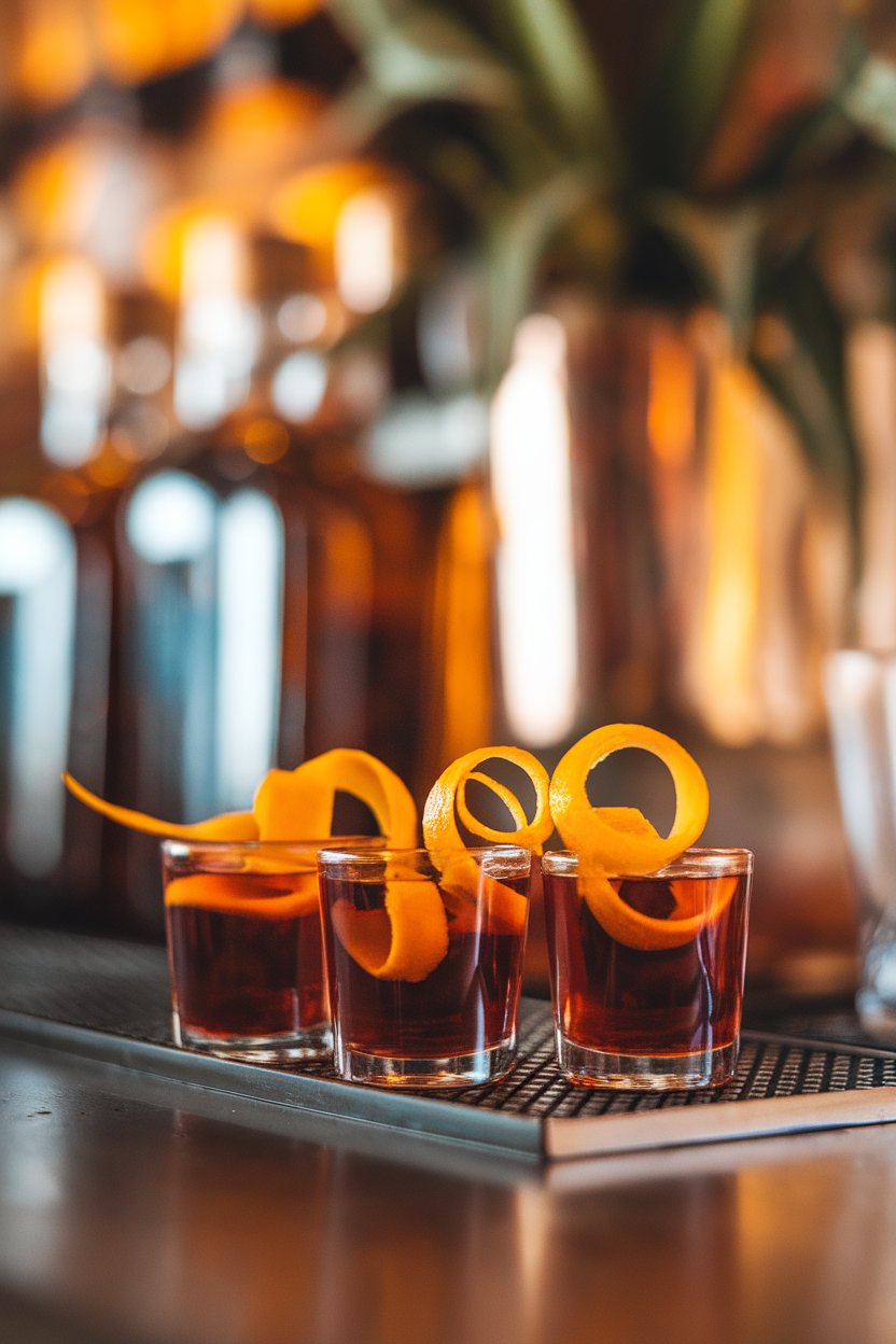 Photo of deep-orange shots with a thin orange peel twist, indoor bar counter; no logos.