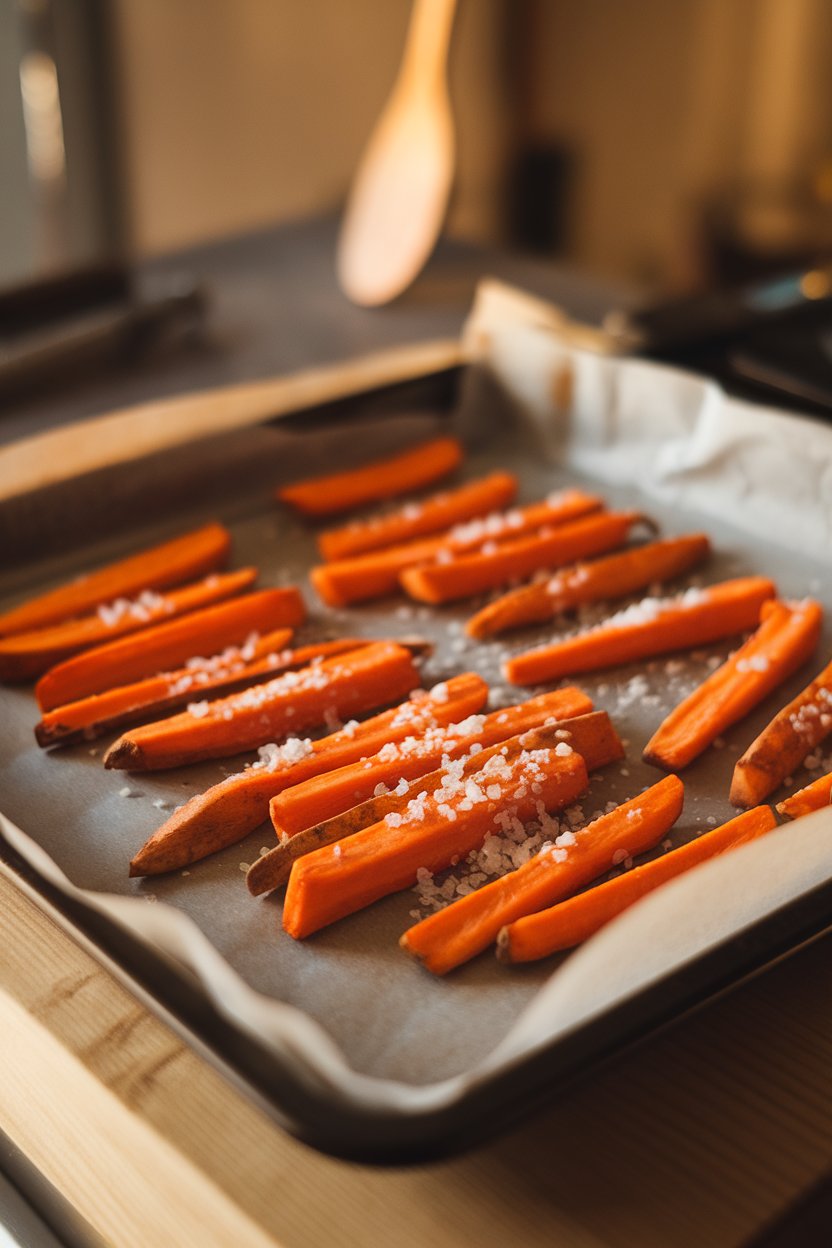 Indoor photo of a parchment-lined baking tray with golden baked sweet potato fries, sprinkle of sea salt on top, no text or logos