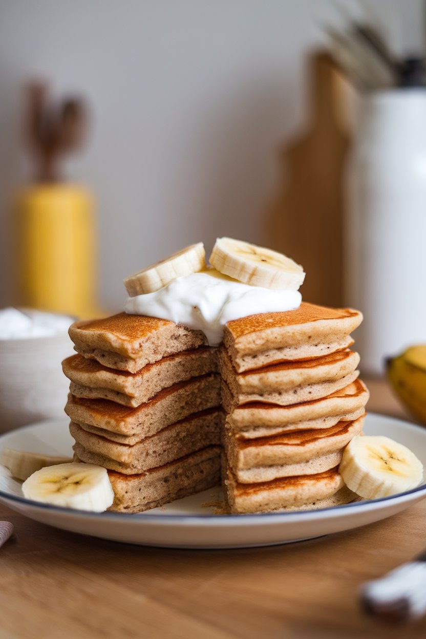 Photo of a stack of fluffy whole-wheat banana pancakes topped with a dollop of Greek yogurt and sliced bananas indoors; no text or logos in scene.