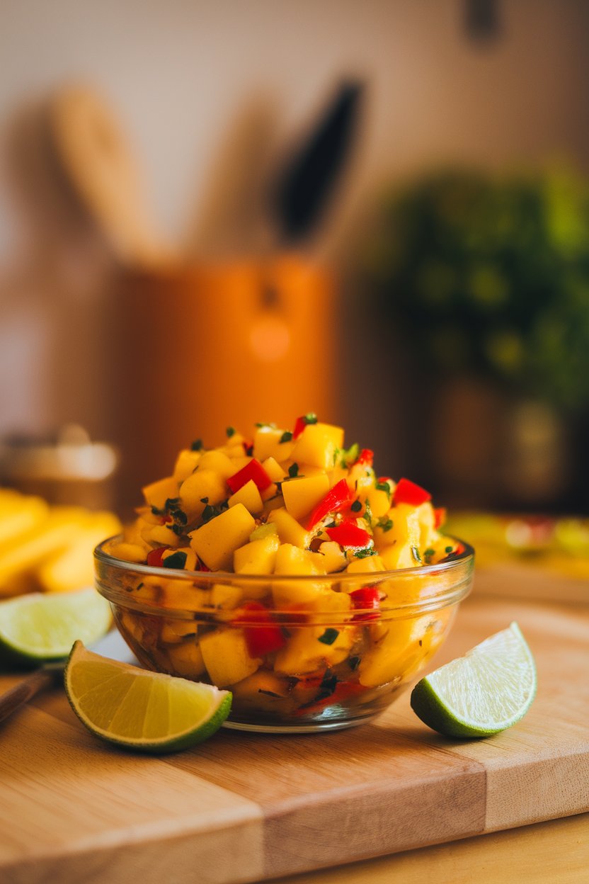 Indoor prep-table photo of a bowl of chunky mango and red pepper salsa with lime wedges nearby. No text or logos visible.