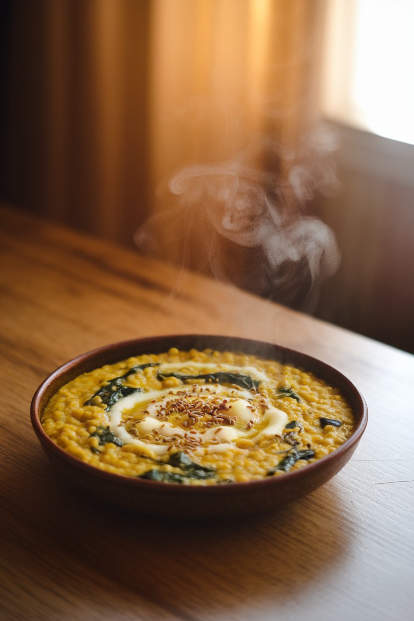 A warmly lit indoor dining table with a shallow bowl of yellow moong dal khichdi speckled with bright green spinach, cumin seeds visible on top, and a small swirl of ghee. Steam curls upward, no text or logos in the scene. Photo, not illustration.