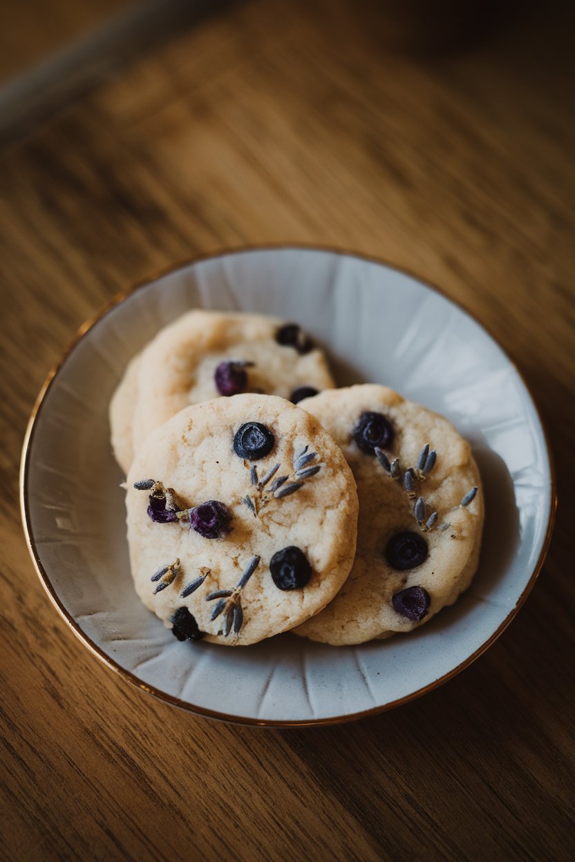 Pale cookies speckled with dried blueberries and lavender buds on an indoor teacup saucer, soft afternoon light. No logos.