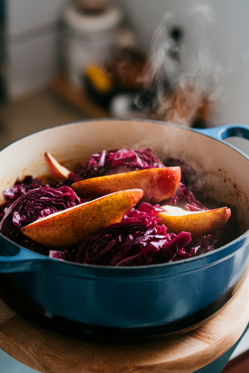 A Dutch oven indoors brimming with braised red cabbage and pear slices, steam rising; no text or logos, photo only