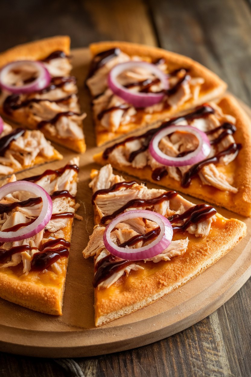 Indoor photo of triangular sweet-potato crust pizza slices topped with shredded chicken, red onion rings, and a drizzle of dark barbecue sauce on a wooden board, no text or logos