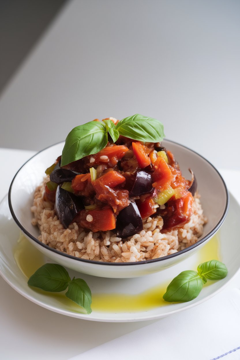 Indoor photo of a bowl of brown rice topped with glossy cooked eggplant caponata, garnished with basil. No text or logos.