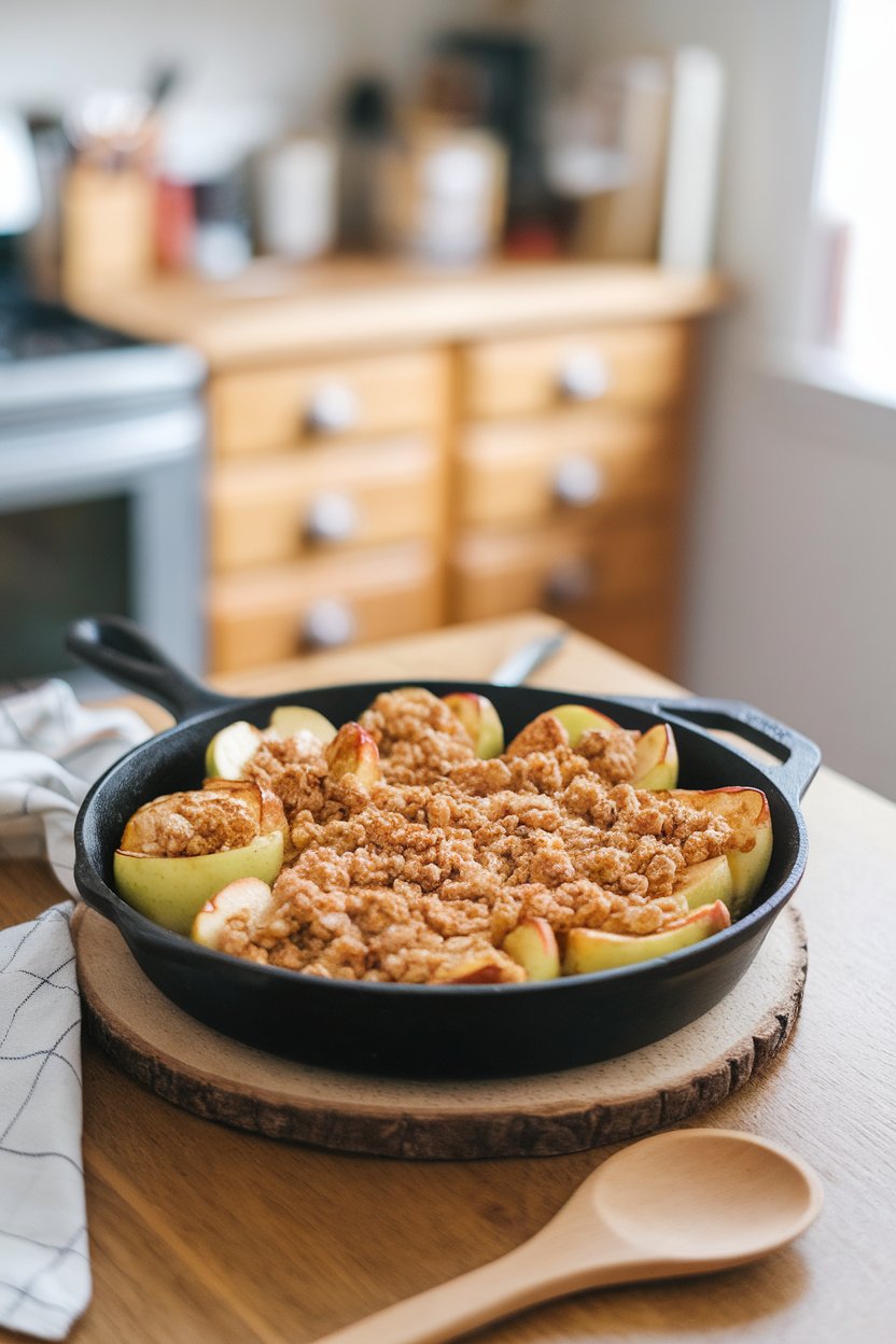 An indoor kitchen table featuring a small cast-iron skillet of baked apple halves topped with golden oat crumble, steam softly rising. No logos or text anywhere.