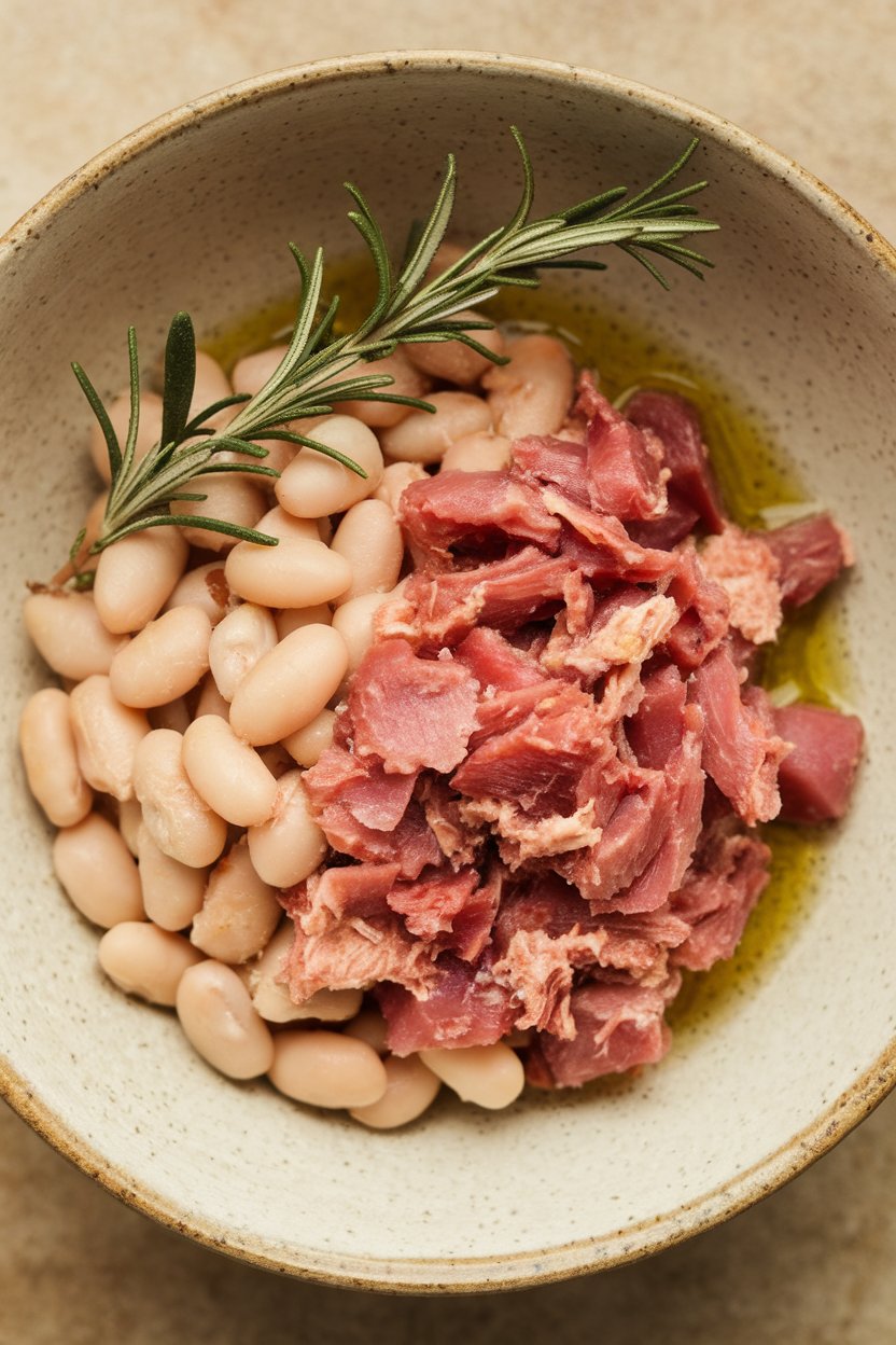 Indoor shallow bowl of cannellini beans and tuna flakes, rosemary sprig on top, drizzled with olive oil. No logos.
