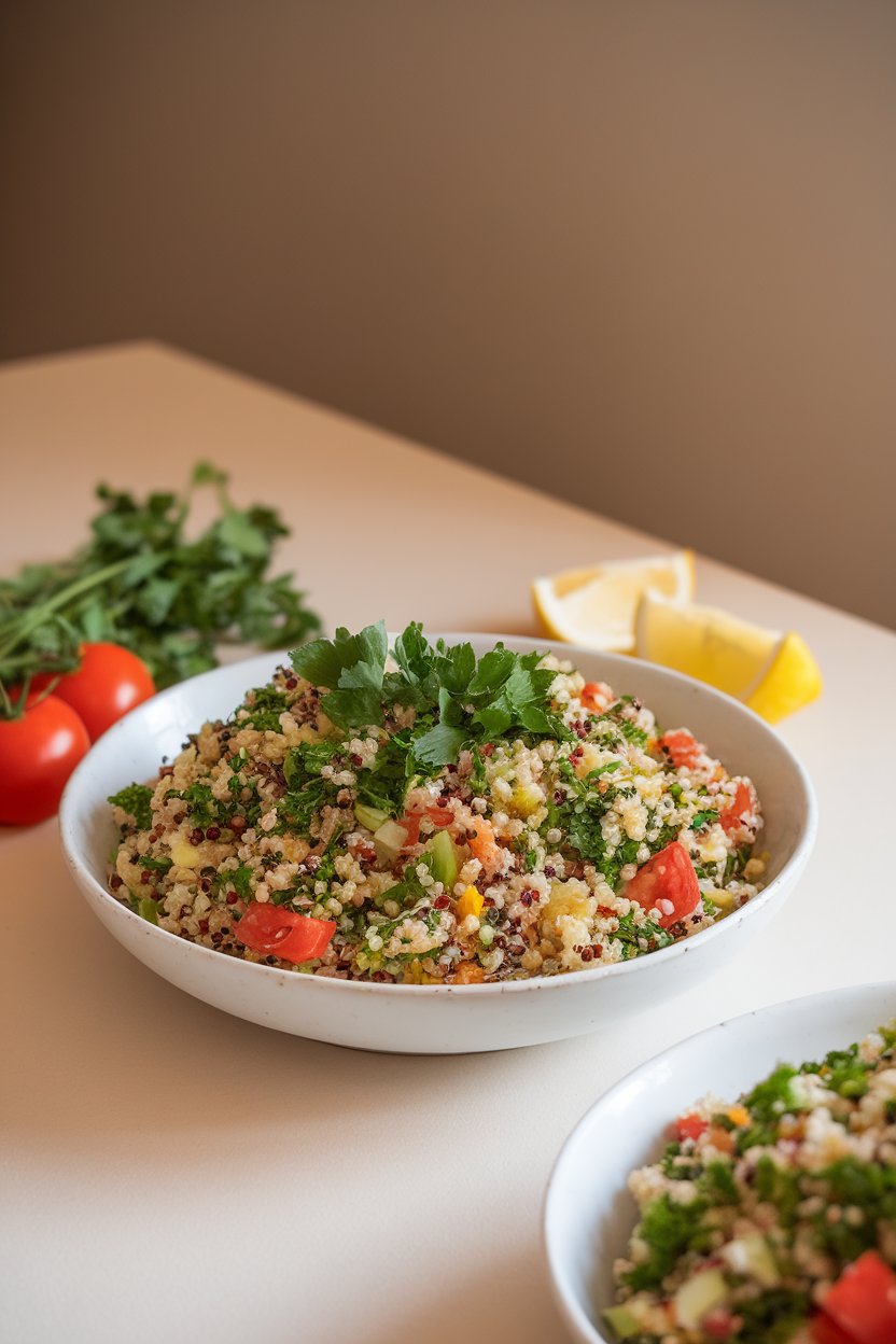 Photo of an indoor dining table featuring a colorful quinoa tabbouleh salad in a white bowl, parsley and tomato visible, no text or logos