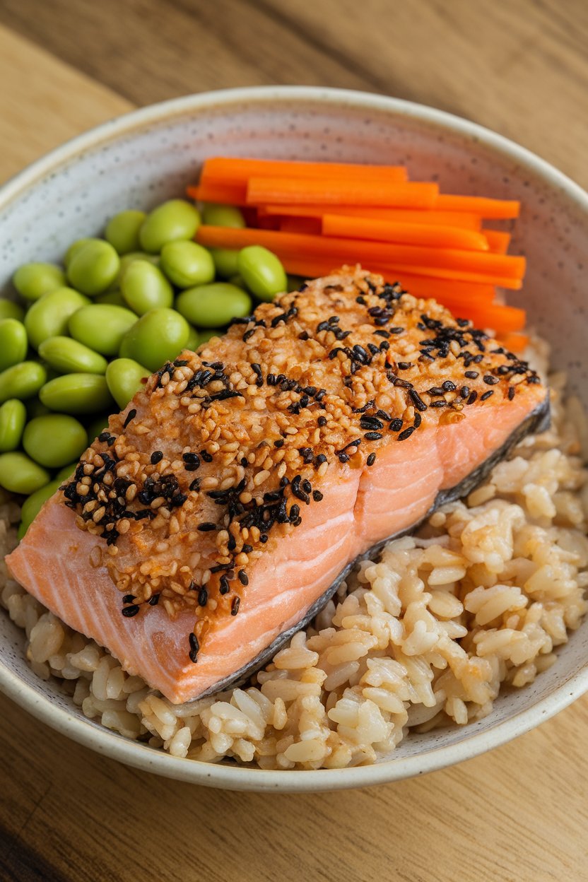 A bowl indoors containing cooked sesame-seed crusted salmon atop brown rice with edamame and carrot matchsticks; no text or logos.
