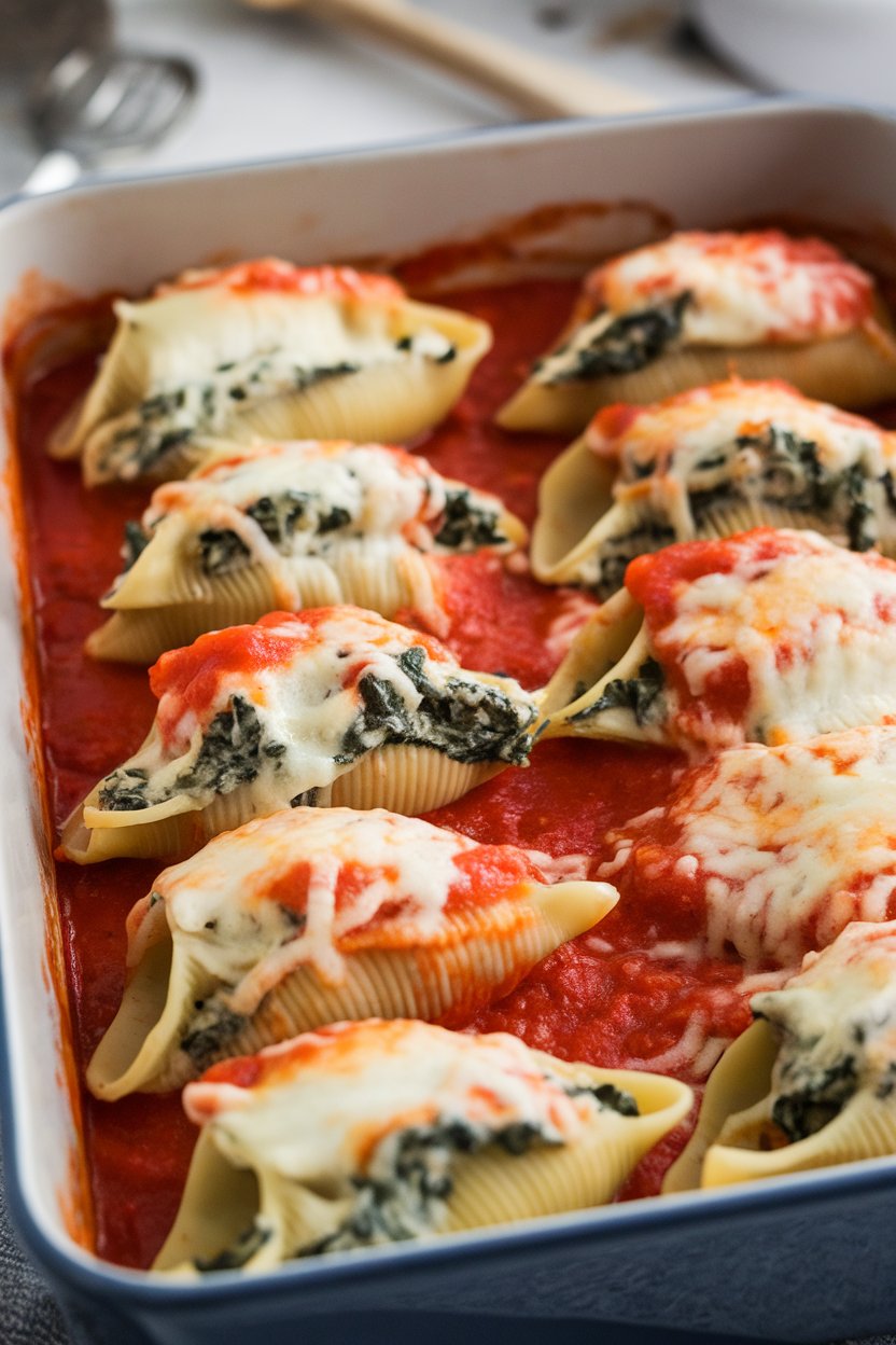 Indoor baking dish showing jumbo pasta shells stuffed with ricotta-spinach filling and blanketed in marinara, cheese melted on top. Photo only, no text or logos.