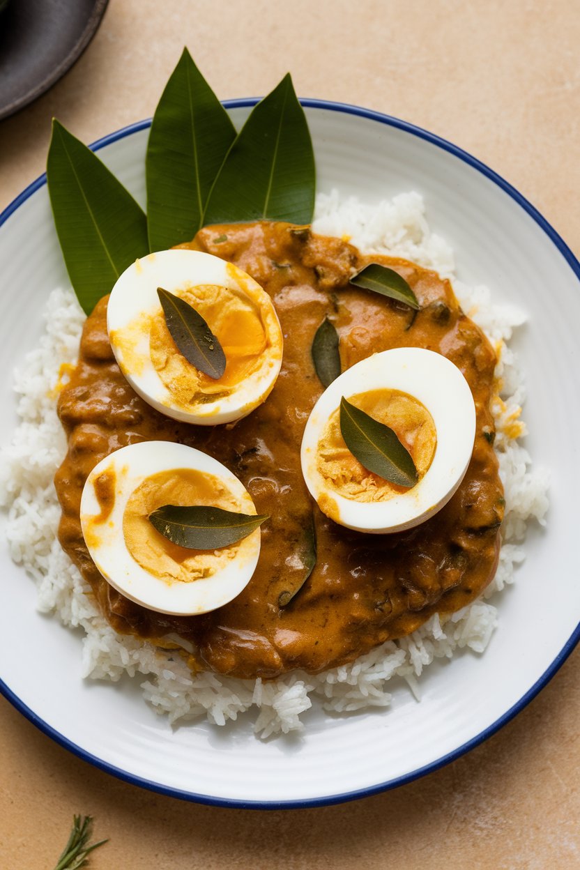 An indoor plate with hard-boiled eggs halved in a lush coconut and curry-leaf sauce, garnished with a few fresh curry leaves. No text or logos. Photo, not illustration.