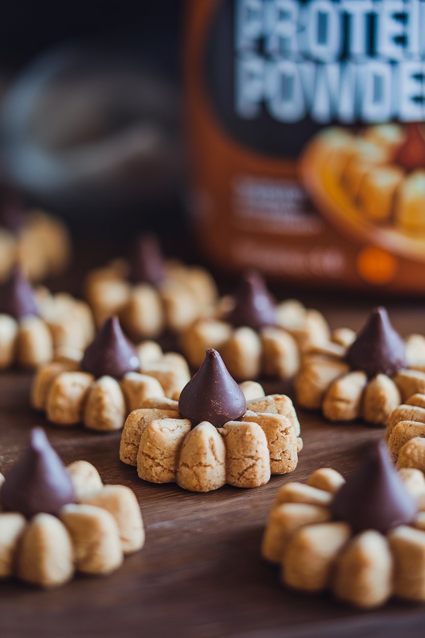 Peanut butter blossom cookies indoors with dark-chocolate kisses in the center, protein powder package cropped out of frame to avoid logos. No text present.