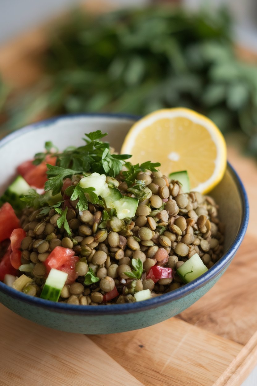 An indoor bowl showcasing green lentils mixed with parsley, diced tomato, cucumber, and a squeeze of lemon. No text or logos present. Photo only.