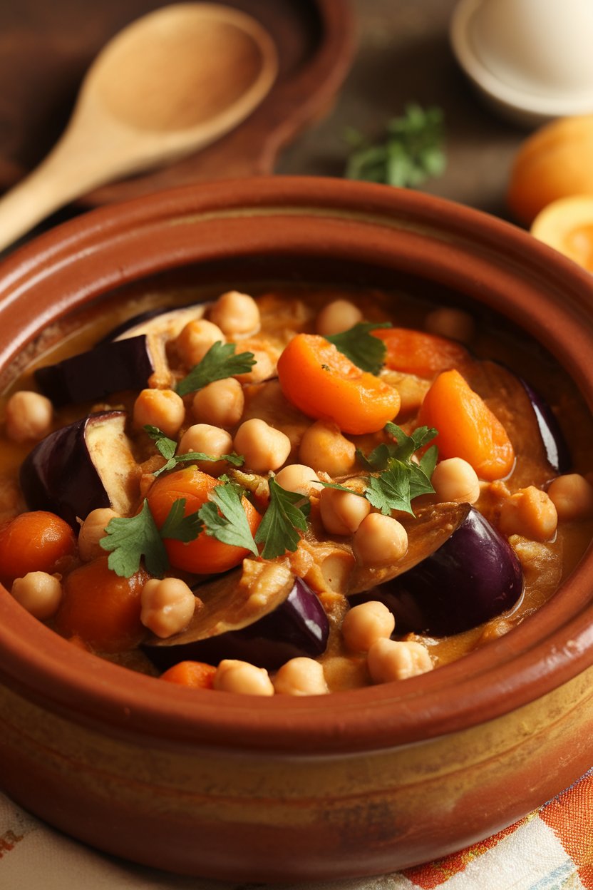 An indoor clay pot of Moroccan-style stew featuring eggplant chunks, chickpeas, and apricots, garnished with parsley; photo only, no text or logos.