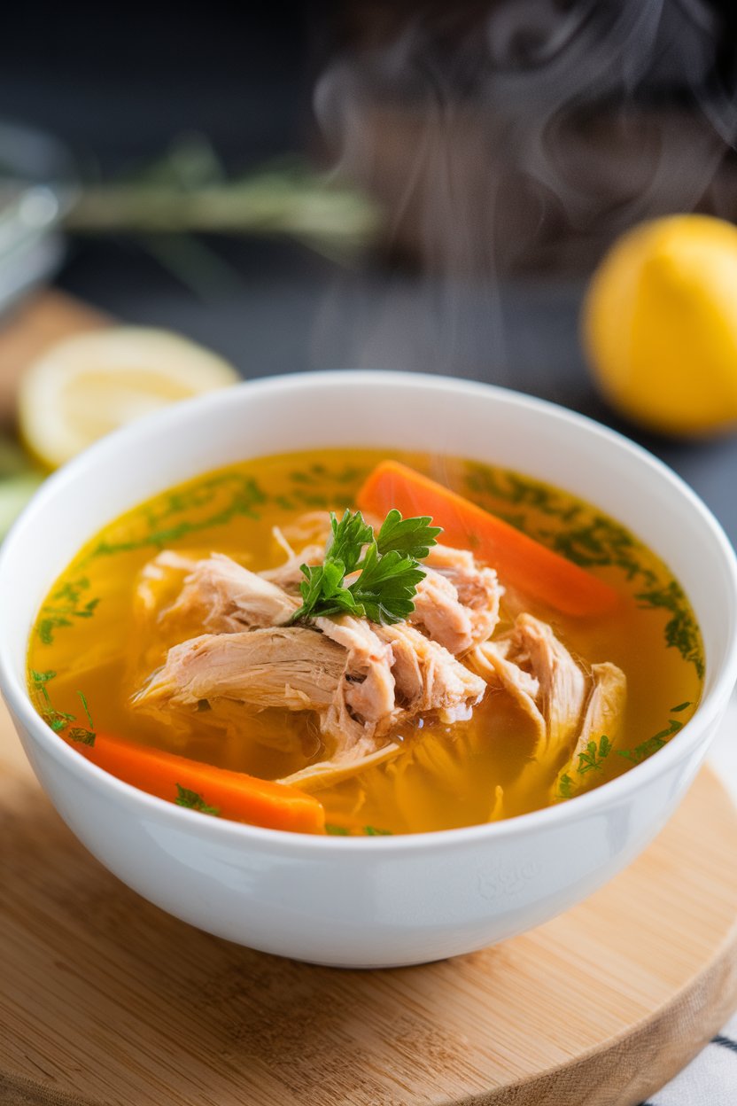 Indoor photo of clear chicken soup with shredded meat, carrots, turmeric-tinged broth, and fresh parsley, steam rising. No text or logos.