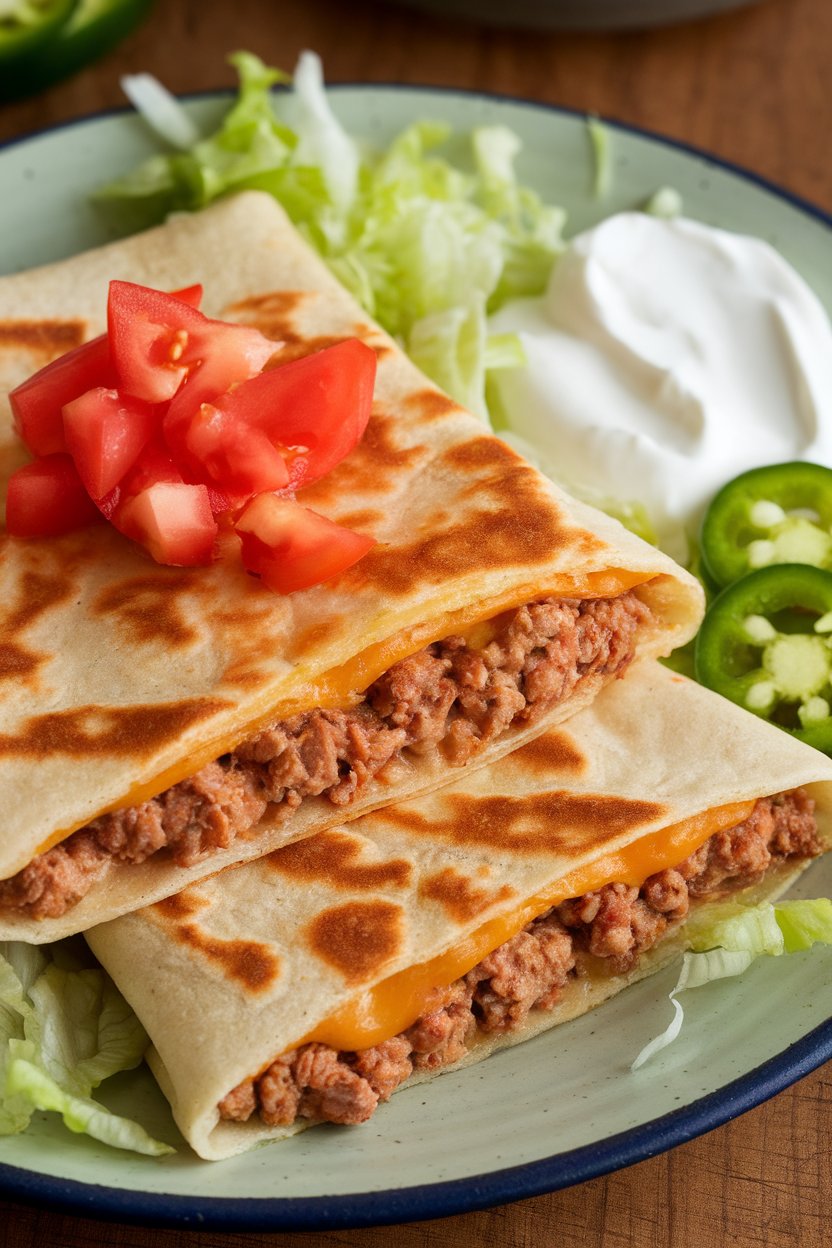 Indoor taco-style quesadilla with seasoned ground turkey and melty cheese, photo, no text or logos.