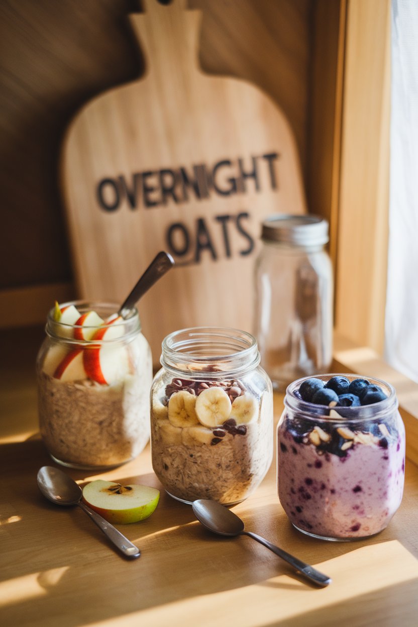 A warmly lit indoor tabletop displaying three jars of overnight oats: apple-cinnamon, chocolate-banana, and berry-almond; no logos. Photo.