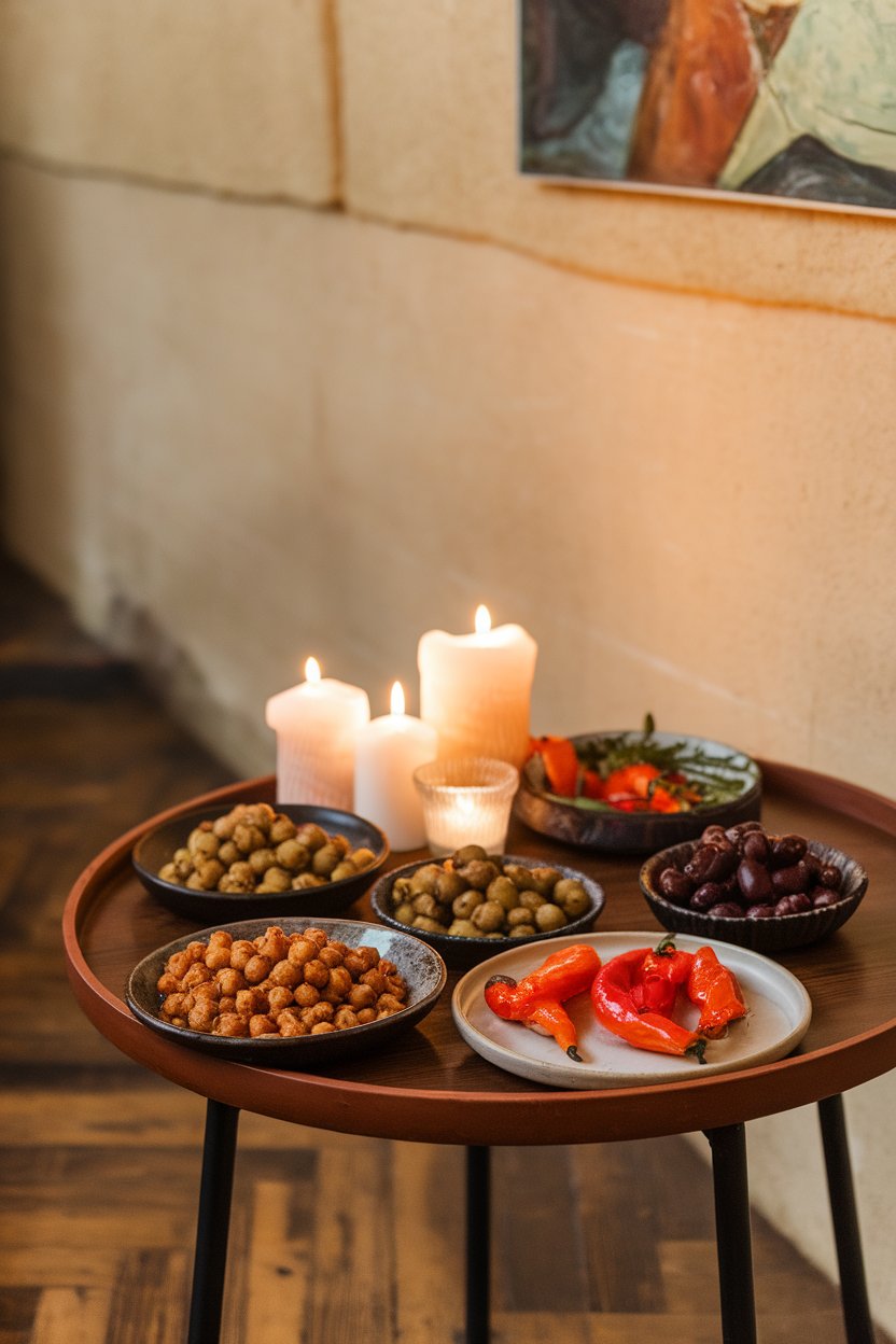 Photo of an indoor tapas table with small plates of roasted chickpeas, marinated olives, and grilled peppers; warm ambient lighting; no text or logos.