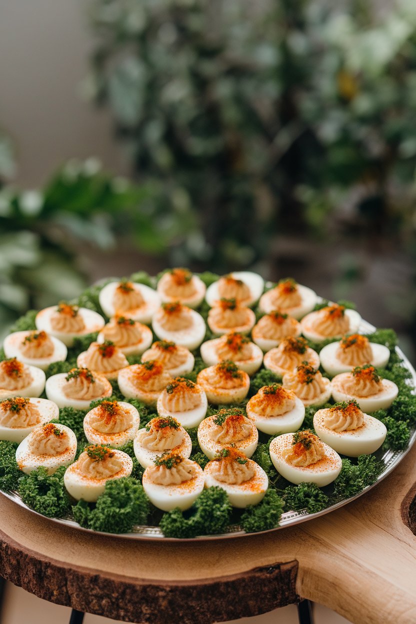 Indoor platter of deviled eggs topped with a dusting of smoked paprika and parsley, arranged neatly. No text or logos. Photo only.