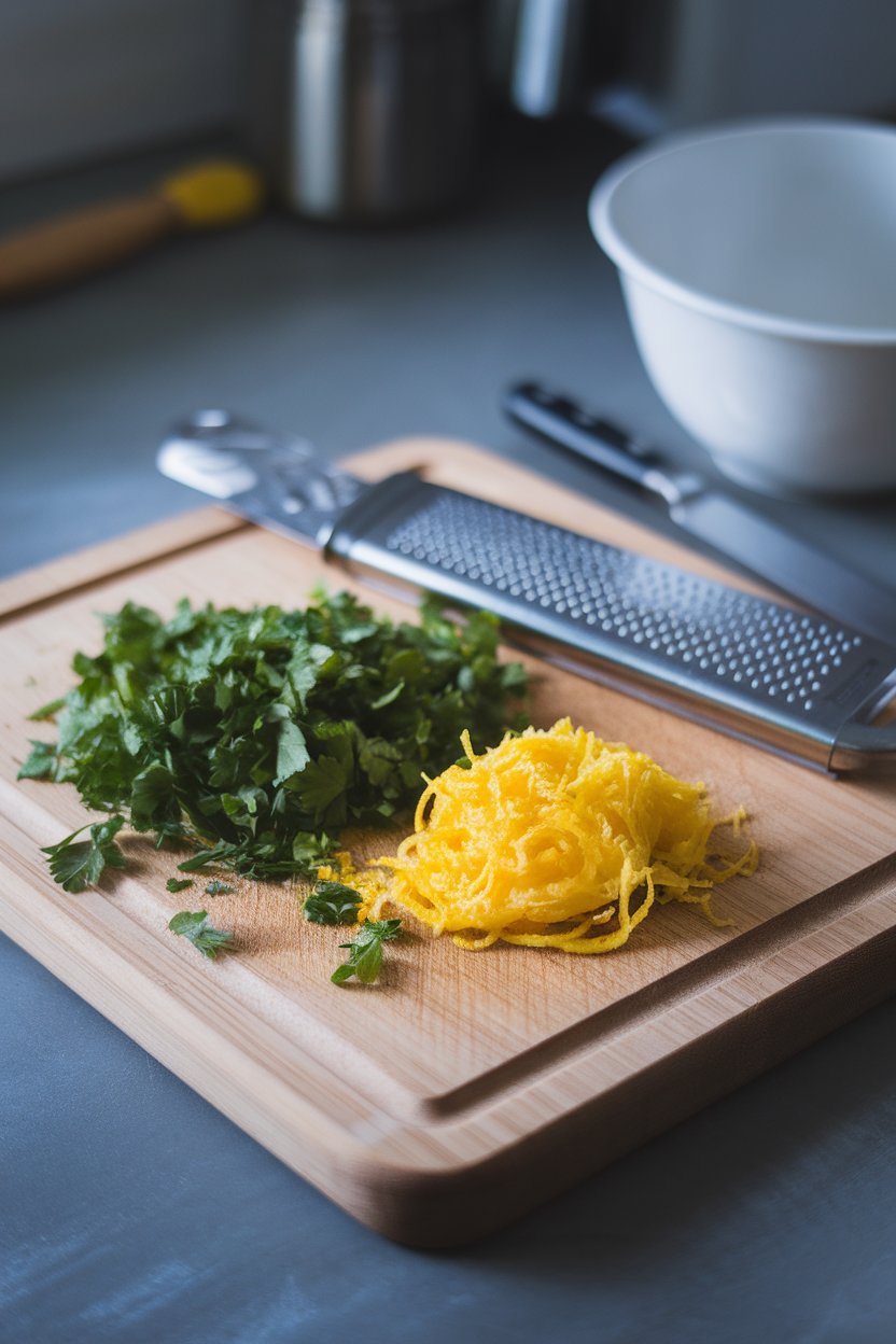 Indoor photo of a wooden cutting board with chopped parsley, grated lemon zest, and a microplane, no text or logos