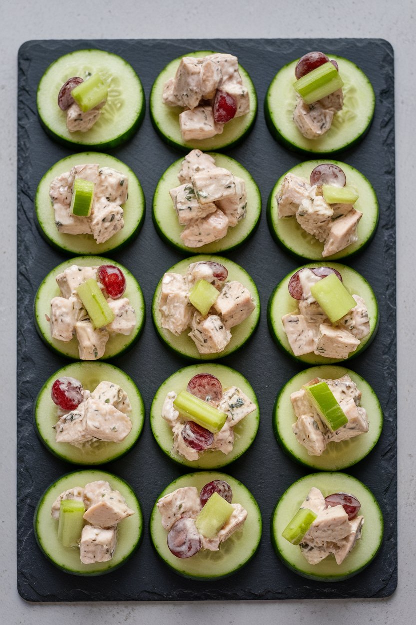 Indoor photo of thick cucumber coins topped with chicken salad made from diced chicken breast, Greek yogurt, grapes, and celery, arranged neatly on a slate board. No text or logos.