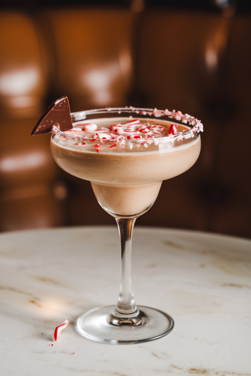 Indoor photo, martini glass of pale chocolate-peppermint margarita, crushed candy-cane rim, small chocolate shard resting on edge; soft bistro lighting, no logos.
