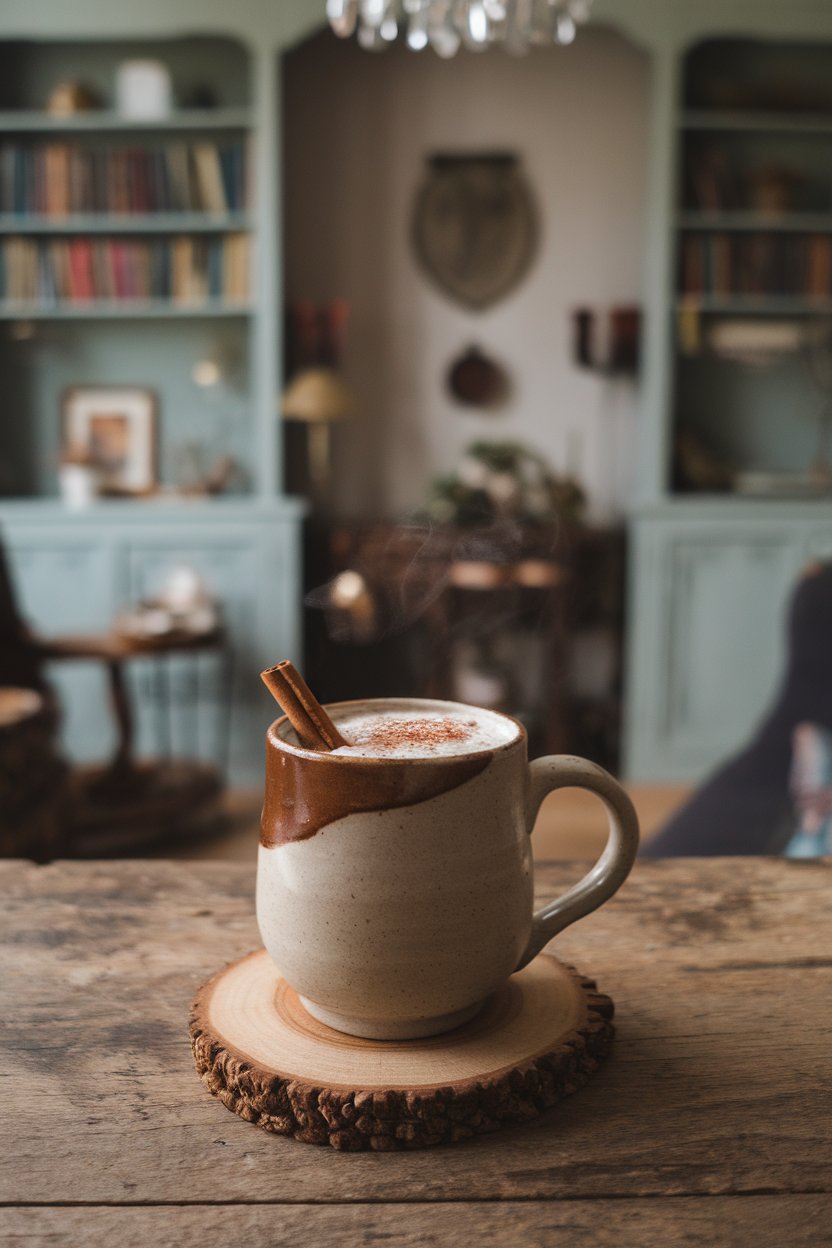 Photo of a ceramic mug indoors filled with steaming hot cocoa, cinnamon stick garnish, cozy lighting, no text or logos.