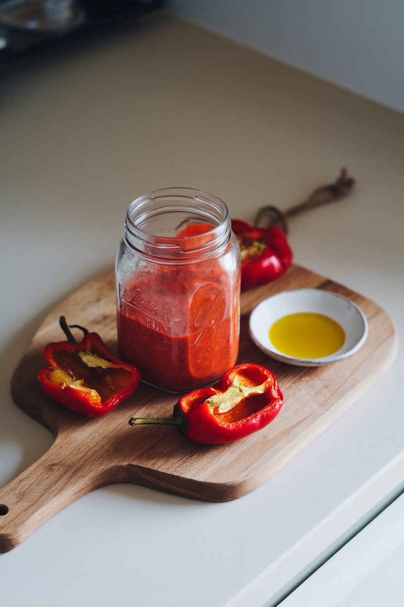 Indoor countertop showing a blender jar of vibrant red dressing beside roasted pepper halves and a small dish of olive oil. Photo, not illustration. No text or logos.