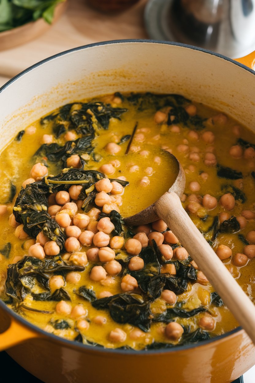 Indoor pot of thick yellow stew with chickpeas and wilted spinach, ladle resting on rim. No text or logos; photo only.
