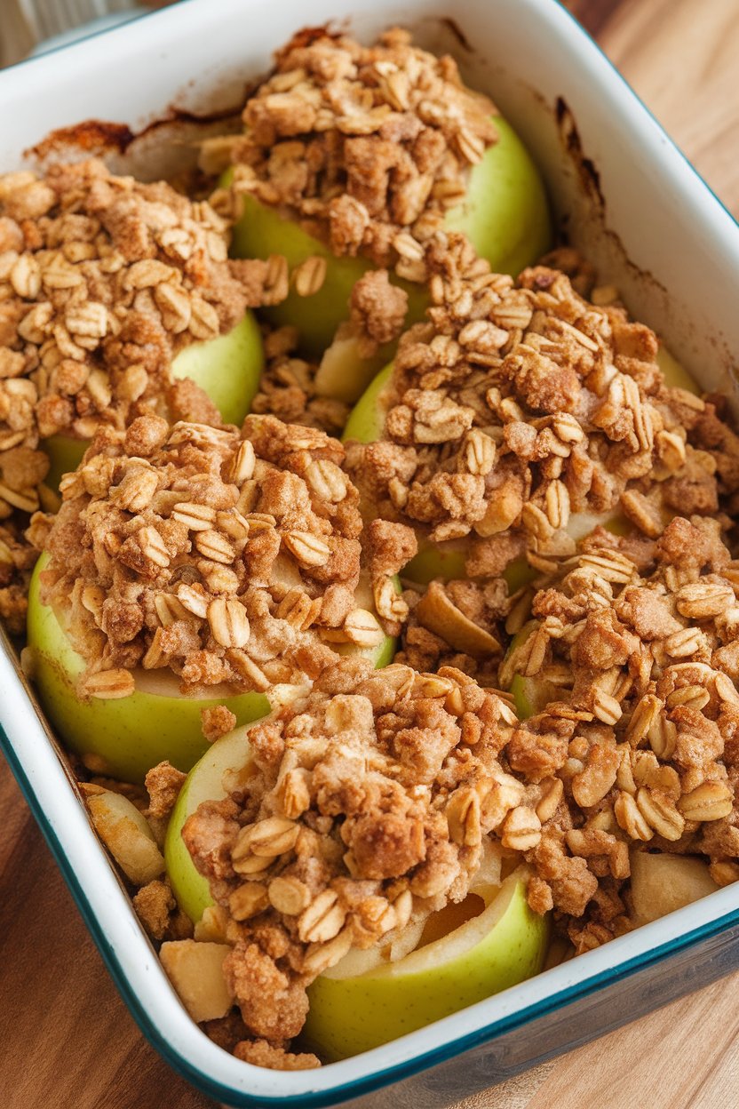 Indoor photo of whole baked apples in a casserole dish, tops split open and filled with oat crumble, served warm. No text or logos.
