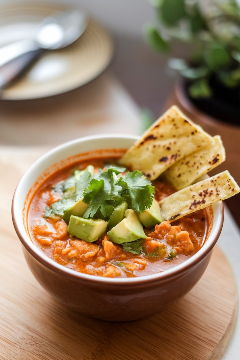 Indoor photo of a bowl of chicken tortilla soup topped with avocado chunks, cilantro, and baked tortilla strips; no text or logos.