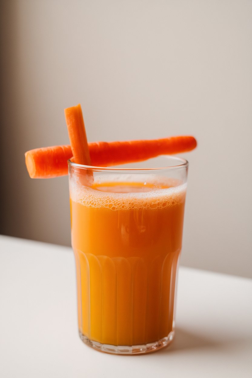 A photo of an indoor juice glass filled with bright orange juice, micro-foam on top, a thin carrot stick on the side; no text or logos.