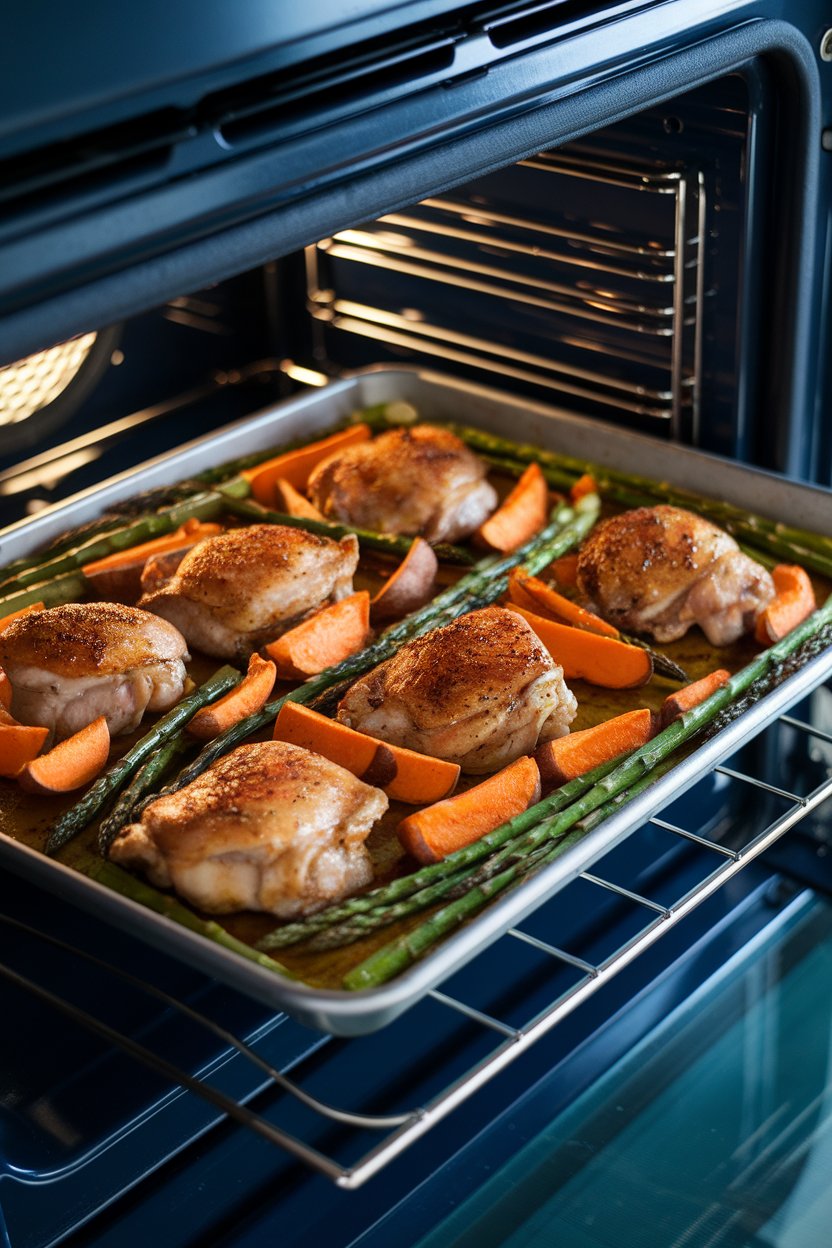 Photo of an indoor oven door open to reveal a single sheet pan filled with chicken thighs, asparagus, and sweet potato wedges, all golden and glistening. No text or logos visible.