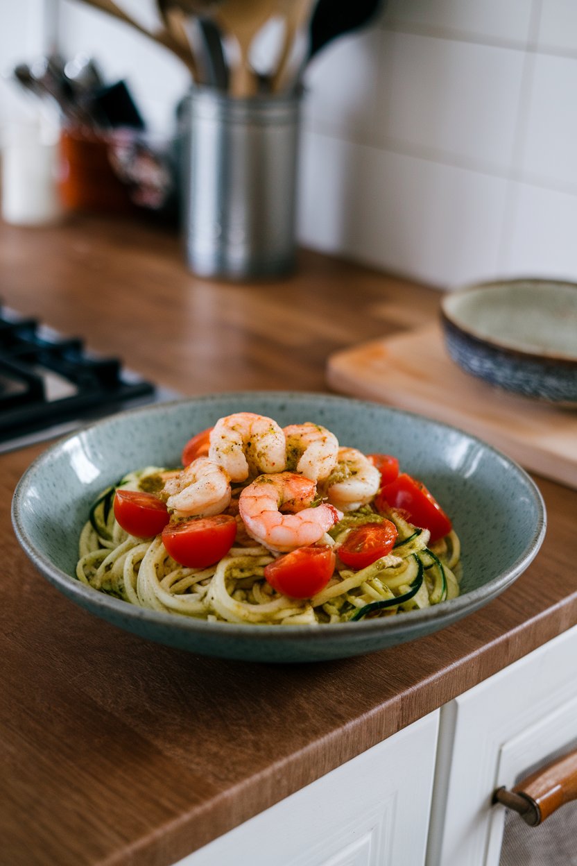 An indoor kitchen island showing a shallow bowl of zucchini noodles tossed in pesto, topped with cooked shrimp and cherry tomato halves. No text or branding. Photo.
