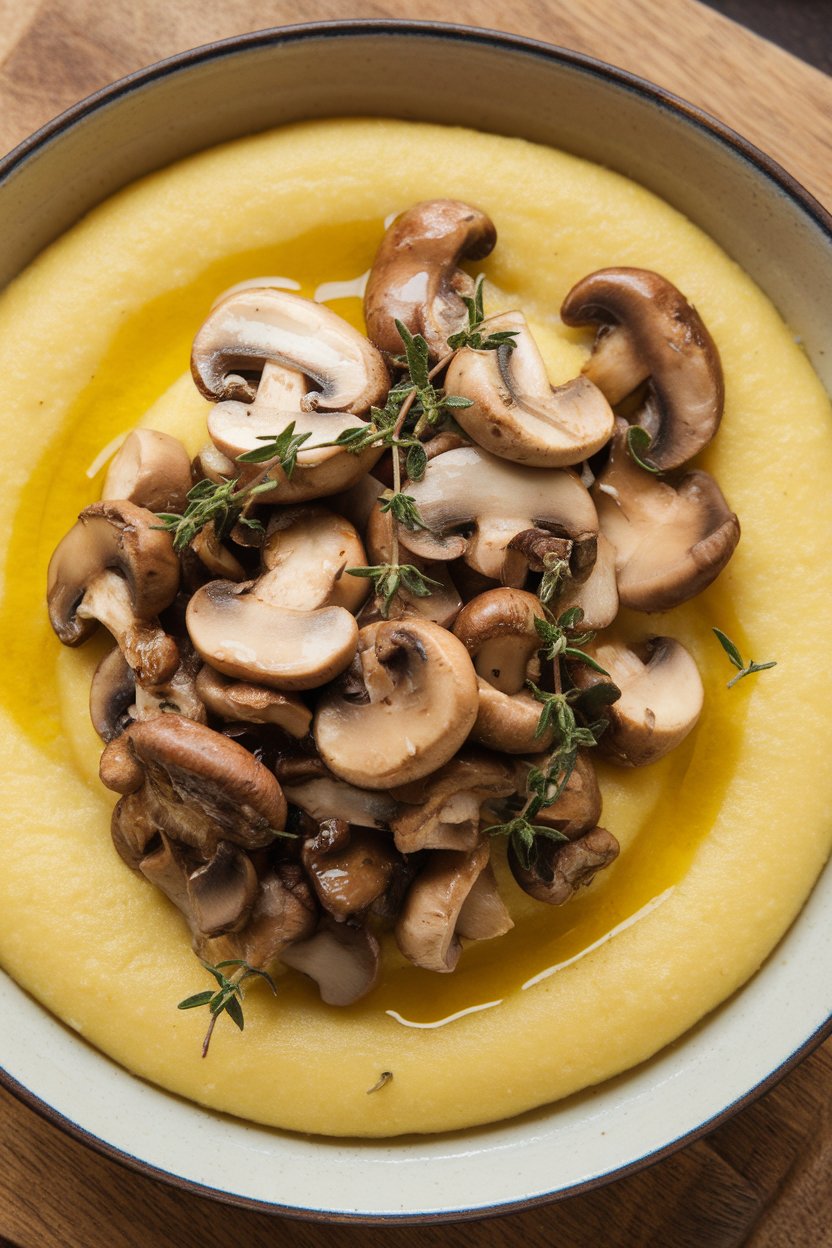 Photo prompt: Indoor bowl of soft polenta topped with sautéed mixed mushrooms and thyme leaves, drizzle of olive oil. No text or logos.