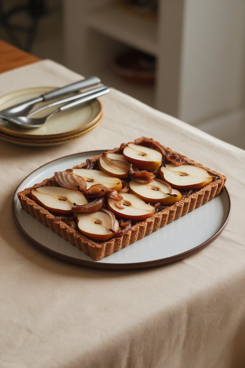 An indoor table with a rectangular tart topped with sliced pears and caramelized onions on whole-grain crust; no text or logos, photo only