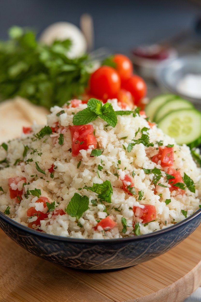 An indoor serving bowl of finely riced cauliflower mixed with parsley, tomato, cucumber, and mint. No logos or text.